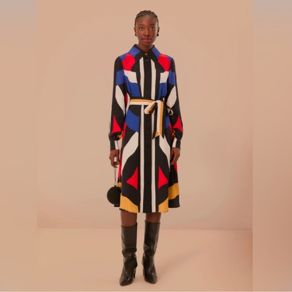 FARM Amanda Stripes Rio Blue and Red Buttoned Midi Dress (no belt)